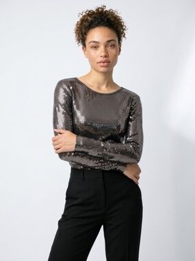 Michael Kors Gunmetal Sequin Ribbed Knit Top
